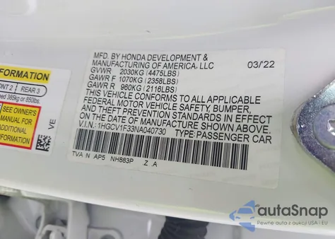 2022 Honda Accord Sport from USA, damaged, VIN 1HGCV1F33NA040730